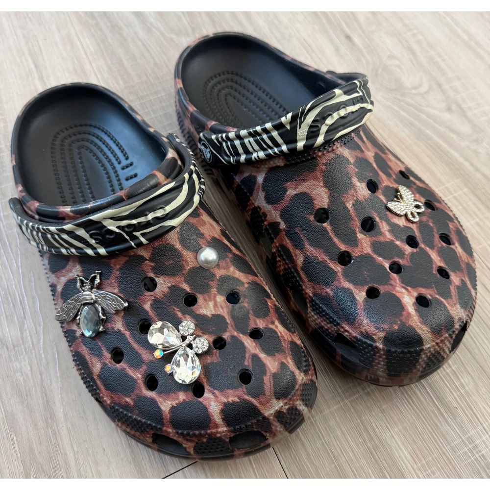 Crocs Classic Clog Leopard Zebra Print Jeweled Bee Butterfly Charms W10 M8